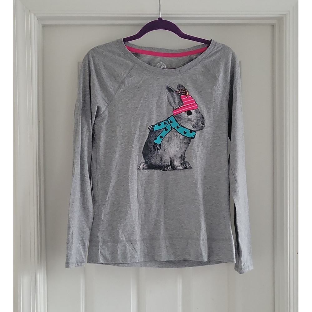 SO Intimates Gray Rabbit Graphic Long Sleeve Pajama Top Medium